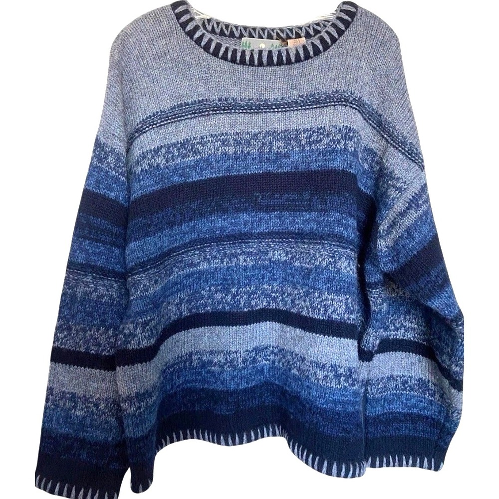 Vintage EMS Wool Sweater Mens Large Chunky Heavyweight Blue Gray Stripe Knit 90s